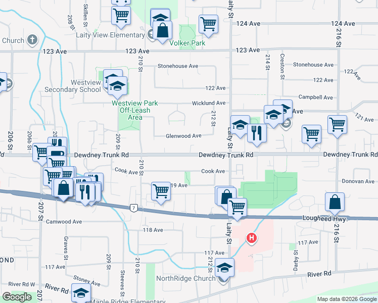 map of restaurants, bars, coffee shops, grocery stores, and more near 21141 Dewdney Trunk Road in Maple Ridge