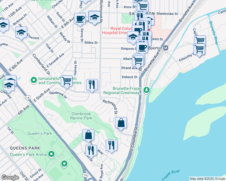 map of restaurants, bars, coffee shops, grocery stores, and more near 351 Cumberland Street in New Westminster