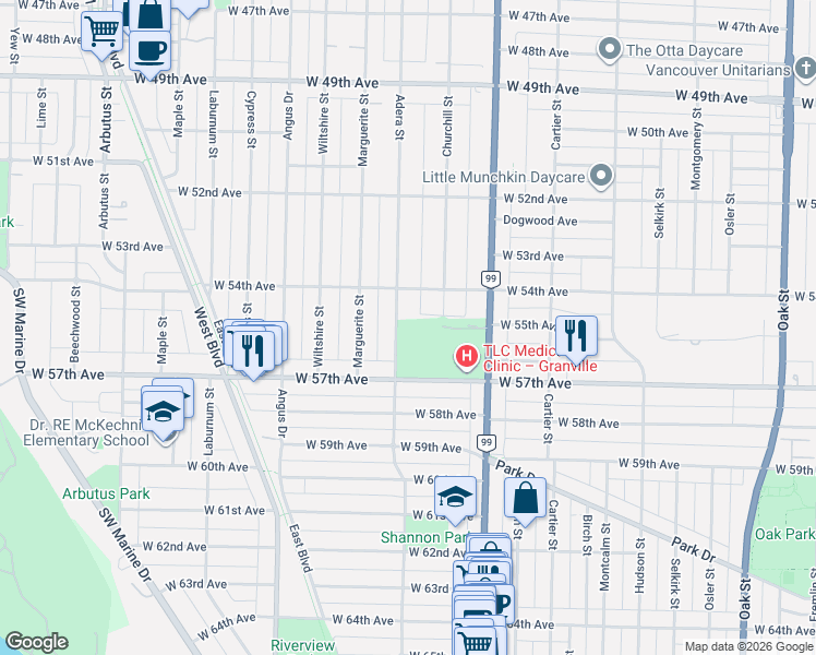 map of restaurants, bars, coffee shops, grocery stores, and more near 7128 Adera Street in Vancouver