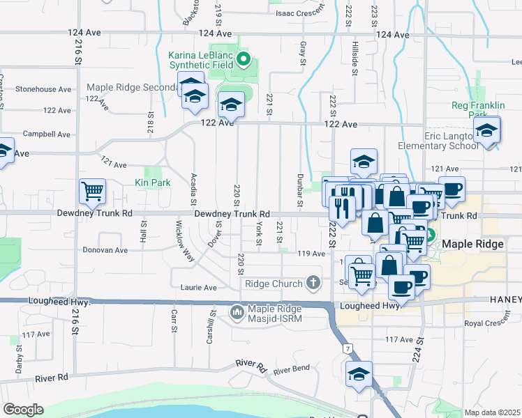 map of restaurants, bars, coffee shops, grocery stores, and more near 12016 York Street in Maple Ridge