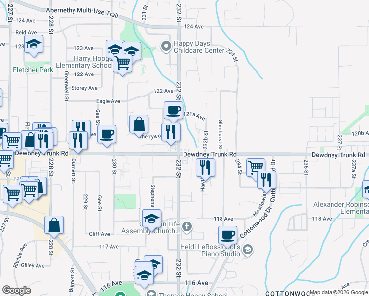 map of restaurants, bars, coffee shops, grocery stores, and more near 23223 Dewdney Trunk Road in Maple Ridge