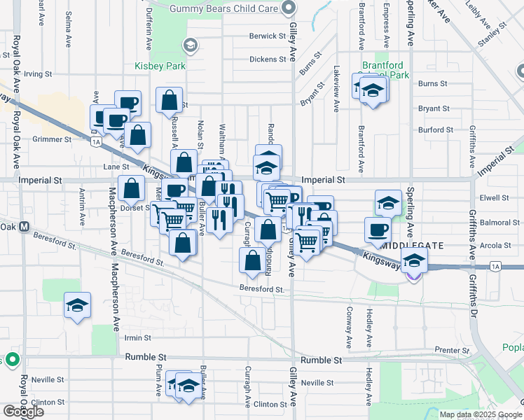 map of restaurants, bars, coffee shops, grocery stores, and more near 6187 Kingsway in Burnaby