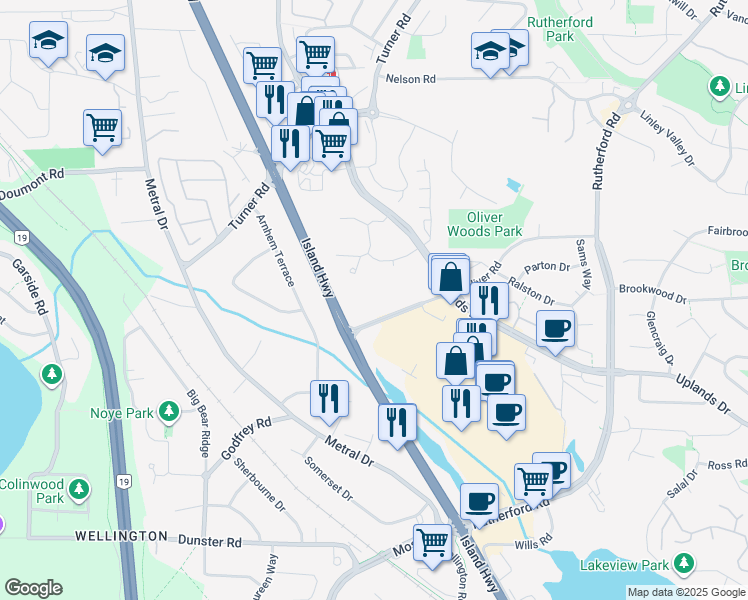 map of restaurants, bars, coffee shops, grocery stores, and more near 6205 Oliver Road in Nanaimo
