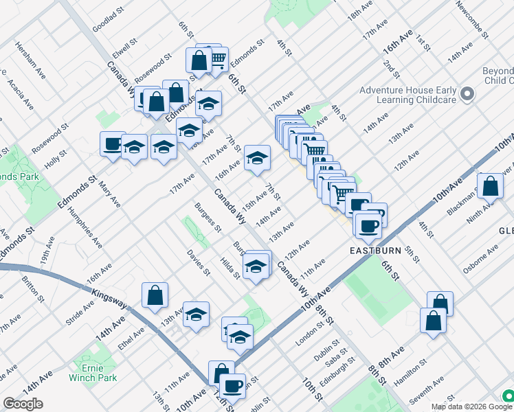 map of restaurants, bars, coffee shops, grocery stores, and more near 7750 15th Avenue in Burnaby