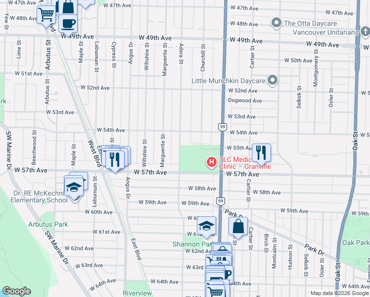 map of restaurants, bars, coffee shops, grocery stores, and more near in Vancouver