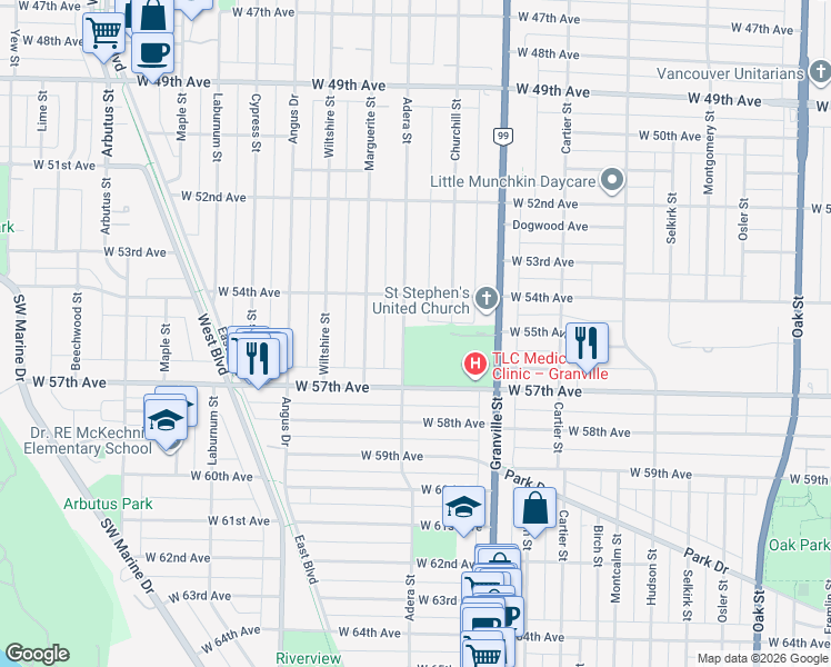 map of restaurants, bars, coffee shops, grocery stores, and more near in Vancouver