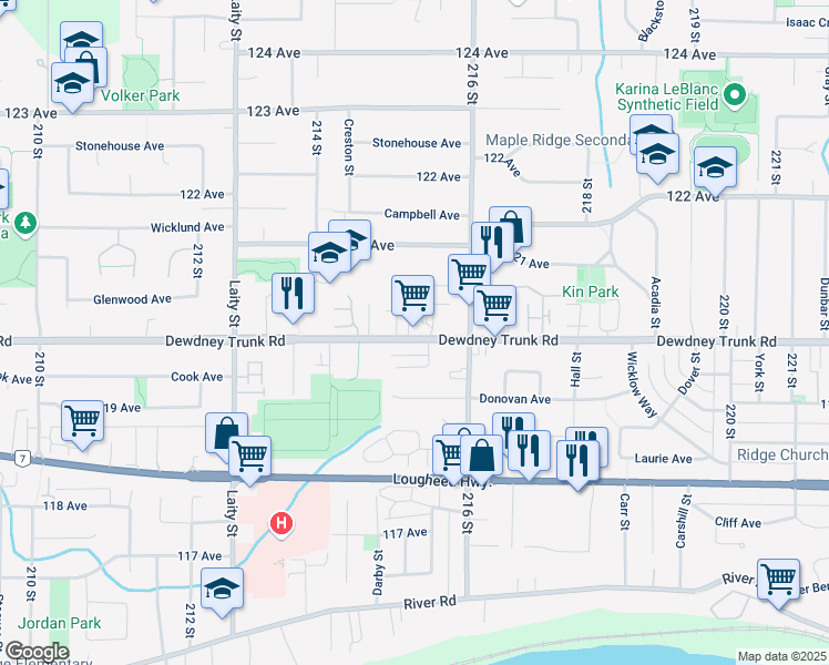 map of restaurants, bars, coffee shops, grocery stores, and more near 21525 Dewdney Trunk Road in Maple Ridge