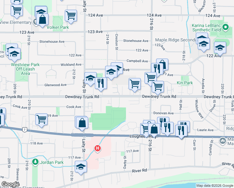 map of restaurants, bars, coffee shops, grocery stores, and more near 21409 Dewdney Trunk Road in Maple Ridge