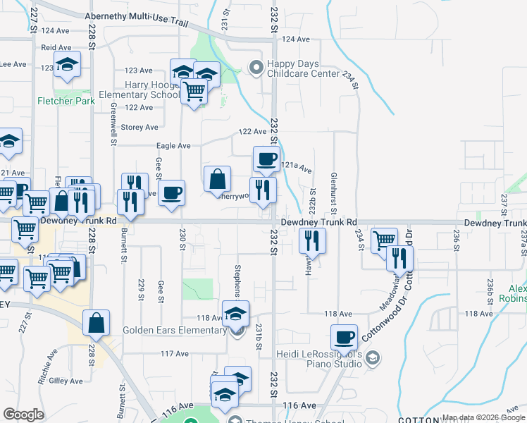 map of restaurants, bars, coffee shops, grocery stores, and more near 23171 Dewdney Trunk Road in Maple Ridge