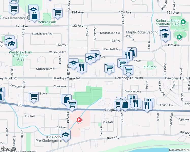 map of restaurants, bars, coffee shops, grocery stores, and more near 21387 Dewdney Trunk Road in Maple Ridge