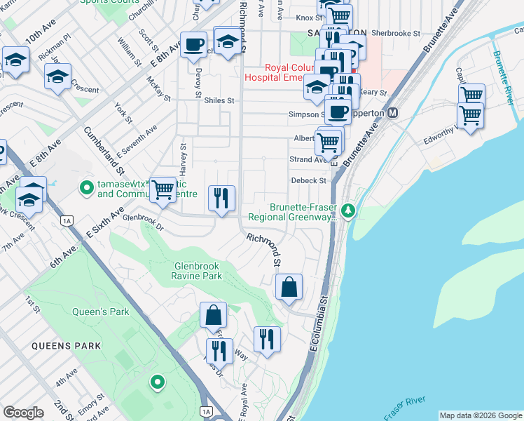 map of restaurants, bars, coffee shops, grocery stores, and more near 355 Cumberland Street in New Westminster