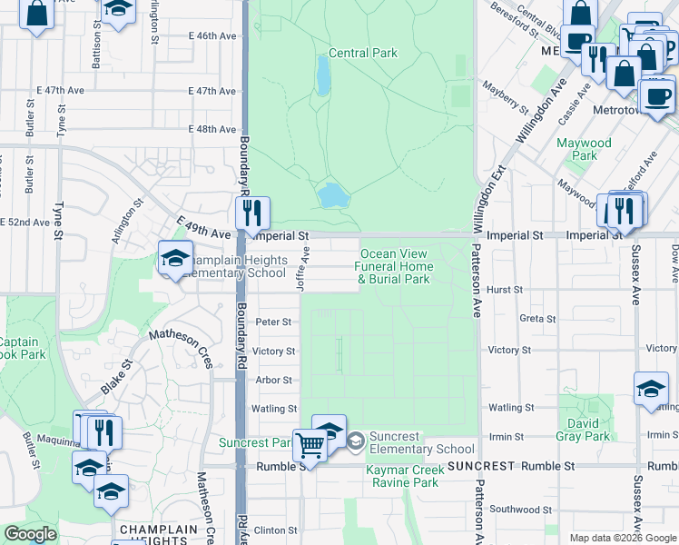 map of restaurants, bars, coffee shops, grocery stores, and more near 3870 Dubois Street in Burnaby