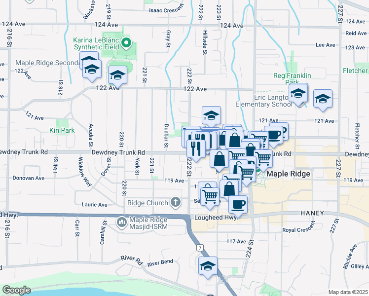 map of restaurants, bars, coffee shops, grocery stores, and more near 22225 Dewdney Trunk Road in Maple Ridge