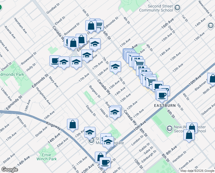 map of restaurants, bars, coffee shops, grocery stores, and more near 7580 Canada Way in Burnaby