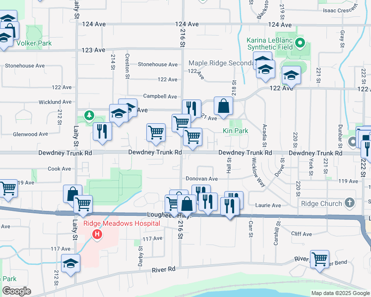 map of restaurants, bars, coffee shops, grocery stores, and more near 12020 216 Street in Maple Ridge