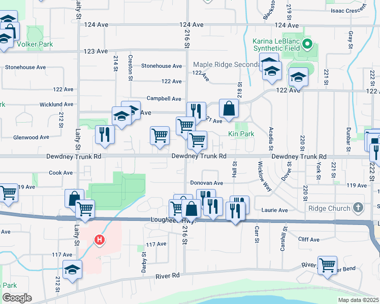 map of restaurants, bars, coffee shops, grocery stores, and more near 12020 216 Street in Maple Ridge