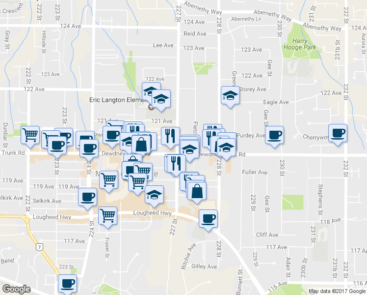 map of restaurants, bars, coffee shops, grocery stores, and more near 22703 Dewdney Trunk Road in Maple Ridge