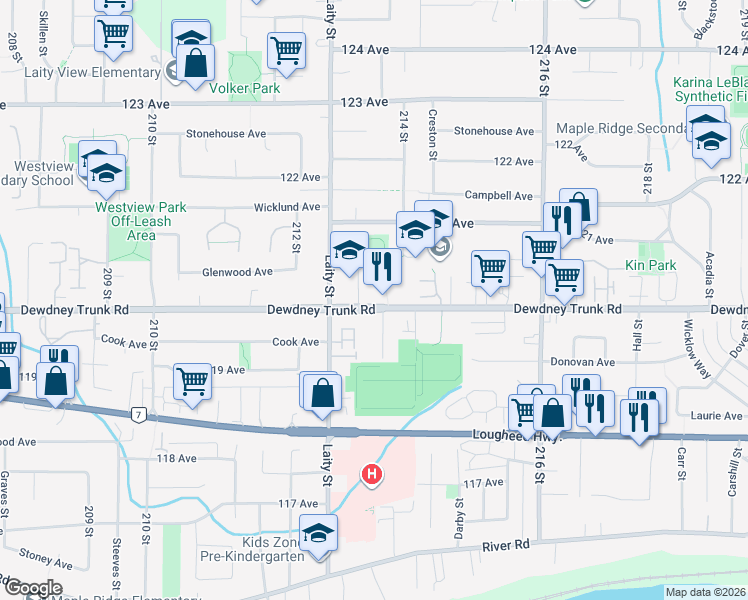 map of restaurants, bars, coffee shops, grocery stores, and more near 21339 Dewdney Trunk Road in Maple Ridge