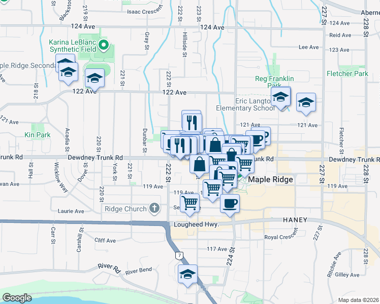 map of restaurants, bars, coffee shops, grocery stores, and more near in Maple Ridge