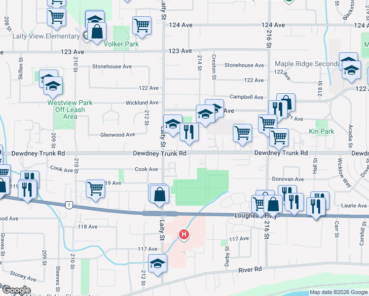 map of restaurants, bars, coffee shops, grocery stores, and more near in Maple Ridge