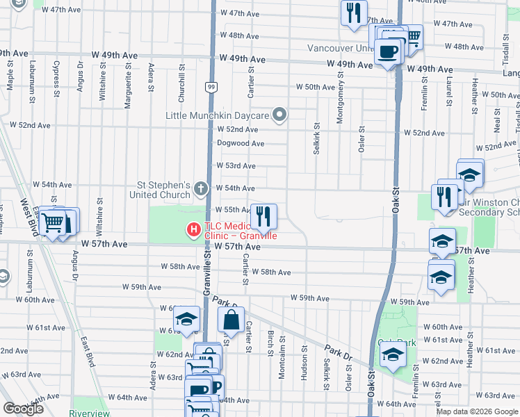 map of restaurants, bars, coffee shops, grocery stores, and more near 1369 West 55th Avenue in Vancouver