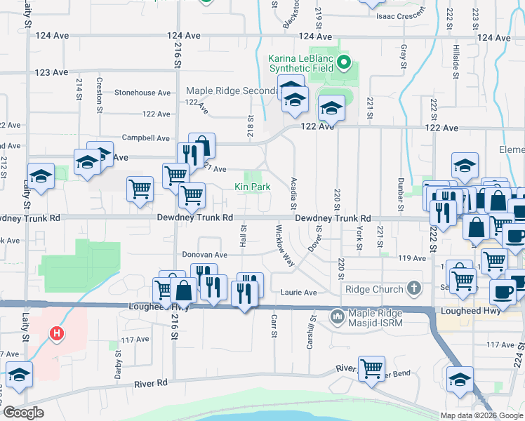 map of restaurants, bars, coffee shops, grocery stores, and more near in Maple Ridge