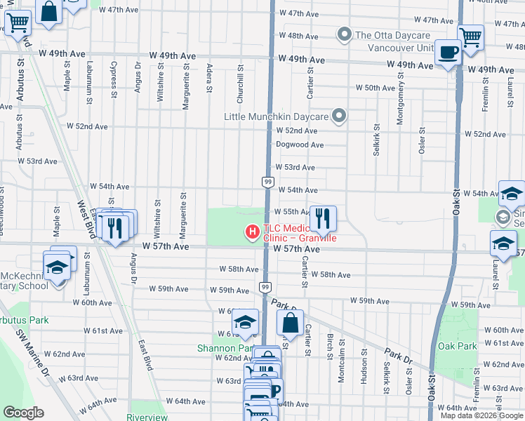 map of restaurants, bars, coffee shops, grocery stores, and more near 1501 Atlas Lane in Vancouver