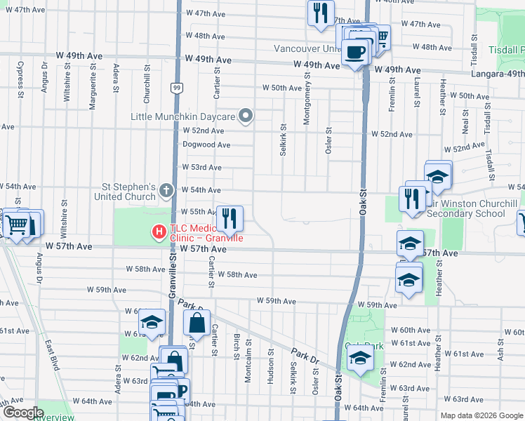 map of restaurants, bars, coffee shops, grocery stores, and more near 7170 Hudson Street in Vancouver