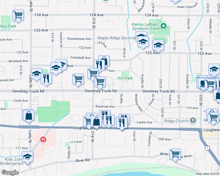 map of restaurants, bars, coffee shops, grocery stores, and more near 12049 217 Street in Maple Ridge
