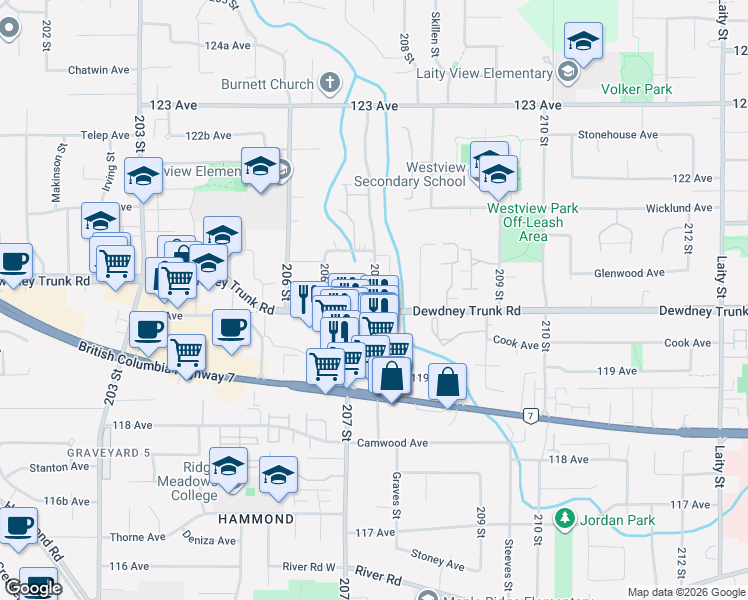 map of restaurants, bars, coffee shops, grocery stores, and more near in Maple Ridge