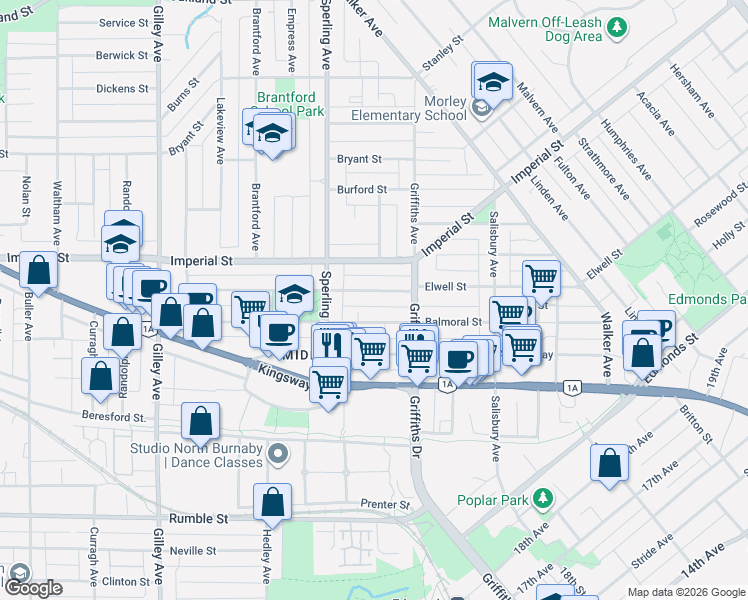 map of restaurants, bars, coffee shops, grocery stores, and more near in Burnaby
