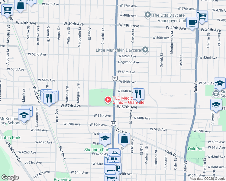 map of restaurants, bars, coffee shops, grocery stores, and more near in Vancouver