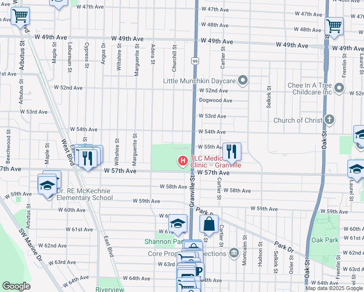 map of restaurants, bars, coffee shops, grocery stores, and more near 1515 Atlas Lane in Vancouver