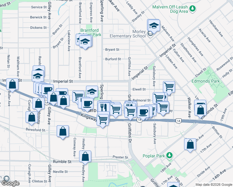 map of restaurants, bars, coffee shops, grocery stores, and more near 6808 Elwell Street in Burnaby