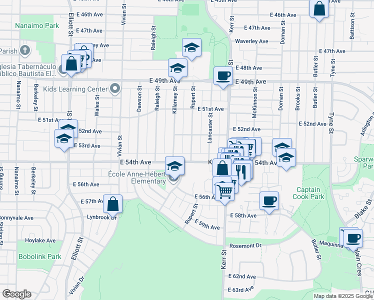 map of restaurants, bars, coffee shops, grocery stores, and more near 6973 Rupert Street in Vancouver