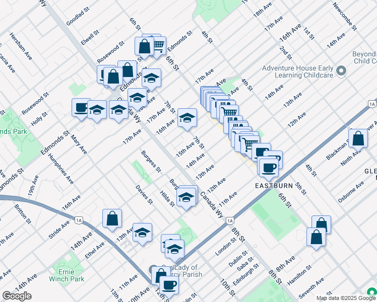 map of restaurants, bars, coffee shops, grocery stores, and more near 7758 15th Avenue in Burnaby