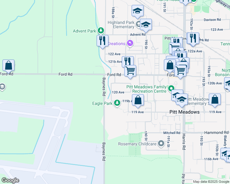 map of restaurants, bars, coffee shops, grocery stores, and more near 18855 120 Avenue in Pitt Meadows