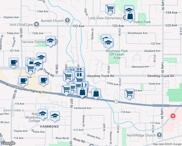 map of restaurants, bars, coffee shops, grocery stores, and more near 12014 208 Street in Maple Ridge