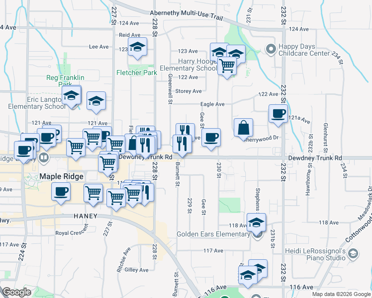 map of restaurants, bars, coffee shops, grocery stores, and more near 22899 Dewdney Trunk Road in Maple Ridge