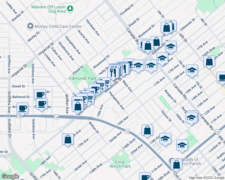 map of restaurants, bars, coffee shops, grocery stores, and more near in Burnaby