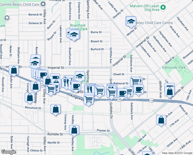 map of restaurants, bars, coffee shops, grocery stores, and more near 6768 Elwell Street in Burnaby