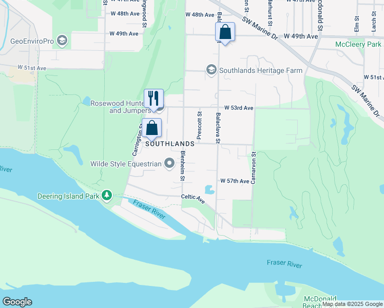 map of restaurants, bars, coffee shops, grocery stores, and more near 7110 Blenheim Street in Vancouver