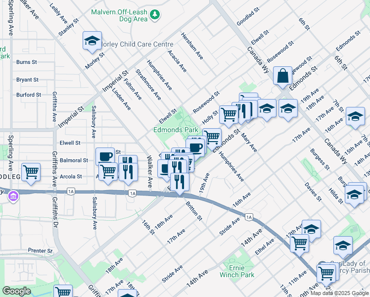 map of restaurants, bars, coffee shops, grocery stores, and more near in Burnaby