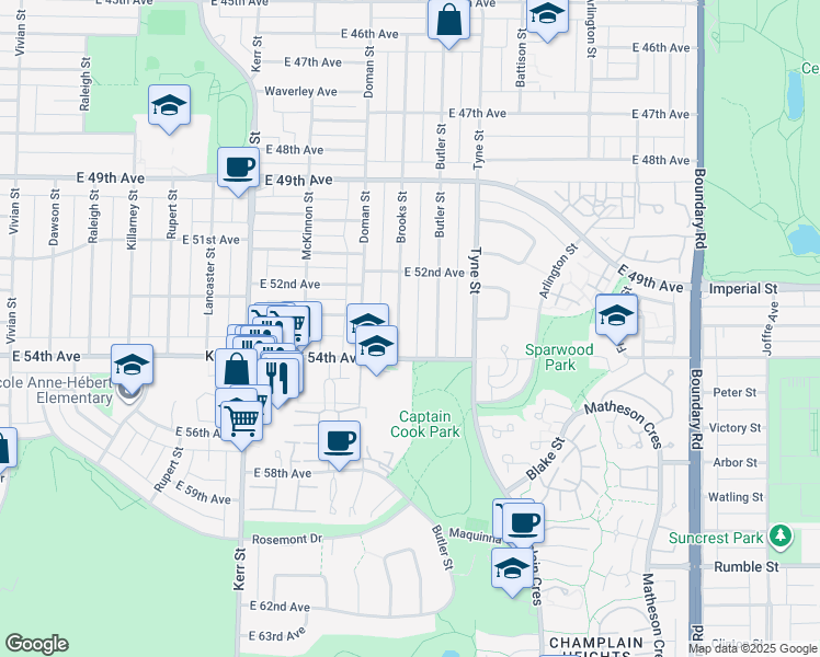 map of restaurants, bars, coffee shops, grocery stores, and more near in Vancouver