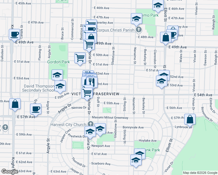 map of restaurants, bars, coffee shops, grocery stores, and more near 6931 Gladstone Street in Vancouver