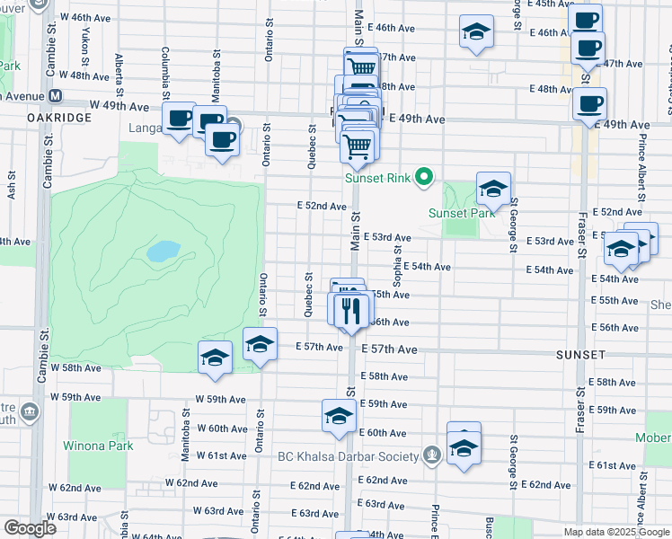 map of restaurants, bars, coffee shops, grocery stores, and more near 166 East 54th Avenue in Vancouver
