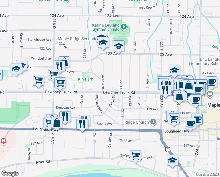 map of restaurants, bars, coffee shops, grocery stores, and more near 12019 Dover Street in Maple Ridge