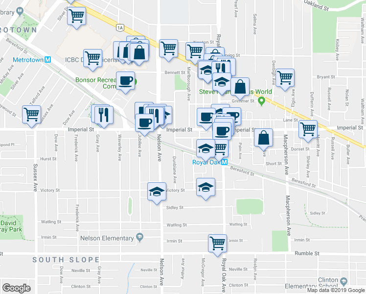 map of restaurants, bars, coffee shops, grocery stores, and more near 26 Beresford Street in Burnaby