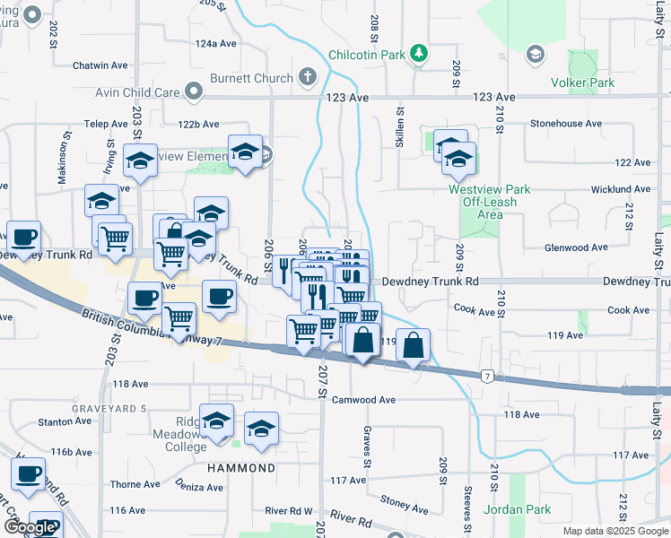 map of restaurants, bars, coffee shops, grocery stores, and more near in Maple Ridge