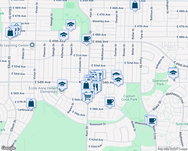 map of restaurants, bars, coffee shops, grocery stores, and more near 3136 East 53rd Avenue in Vancouver